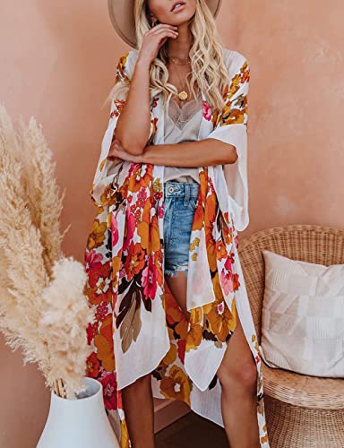 Bsubseach Loose Printed 3/4 Sleeve Kimono Cardigan