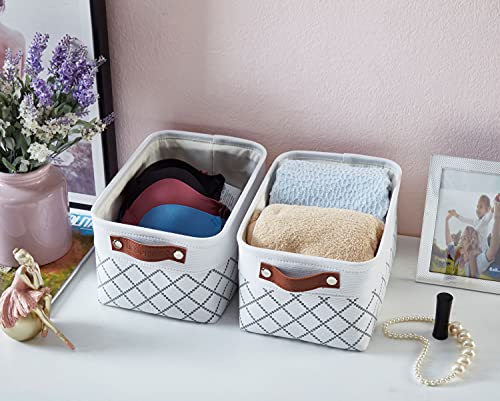 DECOMOMO Foldable Small Storage Bin | Rugged Canvas Fabric Basket Container W/ Leather Handles | Great for Organizing Closets, Offices, Nurseries and Homes (Grey and White, Small - 6 Pack)
