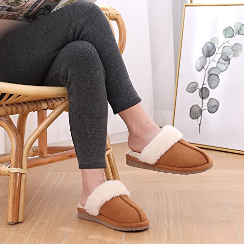 Litfun Women's Fuzzy Memory Foam Slippers Fluffy Winter House Shoes Indoor and Outdoor, Brown 7-7.5
