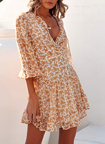 Dokotoo Women Dresses Cute Spring Boho Fall Casual Sexy Deep V Neck Ruffle Chiffon Lantern Long Sleeve Elegant Floral Printed Hawaiian Flowy Mini Short Skirt Dresses for Women Party 2022 X-Large