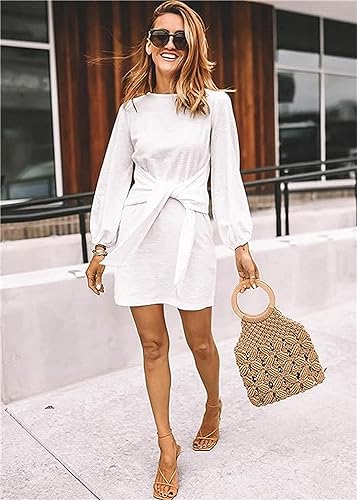 PRETTYGARDEN Women’s Elegant Long Lantern Sleeve Short Dress Crewneck Tie Waist Knit Cocktail Dress Dark Green