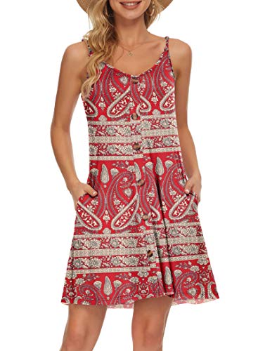 WNEEDU Women Summer Dress Sexy V Neck Button Down Floral Print Swing Mini Tunic Dress with Pockets (XL, Rose White)