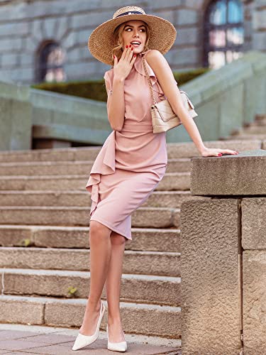 AISIZE Women's Pinup Vintage Ruffle Sleeves Cocktail Party Pencil Dress Small Pink