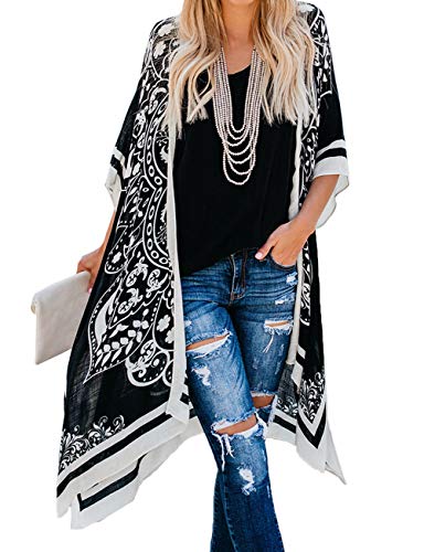 Bsubseach Loose Printed 3/4 Sleeve Kimono Cardigan