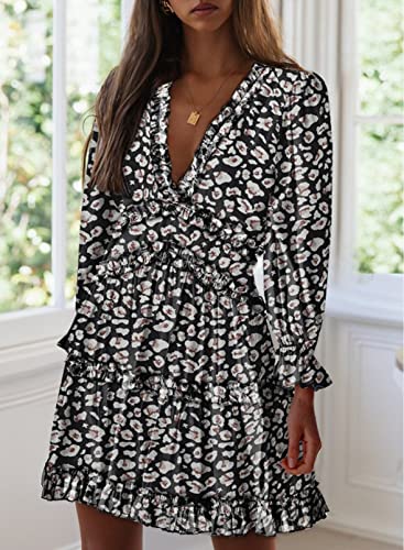 Dokotoo Women Dresses Cute Spring Boho Fall Casual Sexy Deep V Neck Ruffle Chiffon Lantern Long Sleeve Elegant Floral Printed Hawaiian Flowy Mini Short Skirt Dresses for Women Party 2022 X-Large