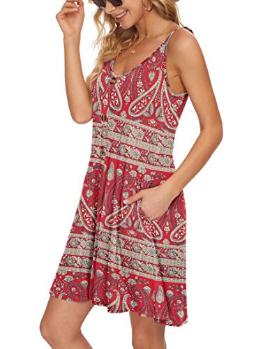 WNEEDU Women Summer Dress Sexy V Neck Button Down Floral Print Swing Mini Tunic Dress with Pockets (XL, Rose White)