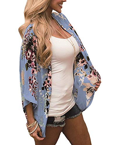 Naivikid Women's Summer Floral Print Kimonos Loose Half Sleeve Chiffon Cardigan Blouses Casual Cover Up White Red Flowers L