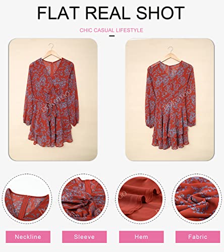 Dokotoo Women Dresses Cute Spring Boho Fall Casual Sexy Deep V Neck Ruffle Chiffon Lantern Long Sleeve Elegant Floral Printed Hawaiian Flowy Mini Short Skirt Dresses for Women Party 2022 X-Large