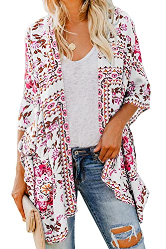 Bsubseach Loose Printed 3/4 Sleeve Kimono Cardigan