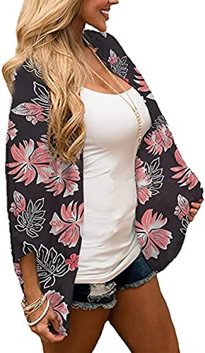 Naivikid Womens Floral Print Loose Puff Sleeve Kimono Cardigan Lace Patchwork Cover Up Blouse Lotus Root Gray 01 L