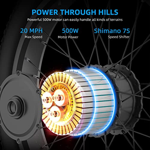 Wheelspeed Electric Bike 26" X 4.0", 500W Motor & 32km/h Fat Tire Electric Mountain Bike for Adults, 112km Range Electric Bicycle with Removable Battery, Shimano 7-Speed Gear Snow Beach E-bike (26" Electric Bike Fat Tires Black)