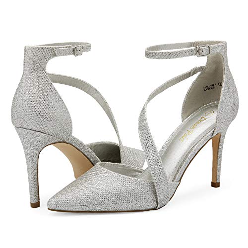 DREAM PAIRS Women's Silver Glitter High Heel Pointed Toe Stiletto Ankle Strap Dress Pumps Shoes Size 5 M US Hollyn-1