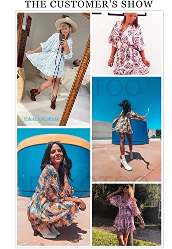 Dokotoo Women Dresses Cute Spring Boho Fall Casual Sexy Deep V Neck Ruffle Chiffon Lantern Long Sleeve Elegant Floral Printed Hawaiian Flowy Mini Short Skirt Dresses for Women Party 2022 X-Large