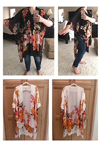 Jayscreate Women's Chiffon Kimono Cardigan Lightweight Batwing Summer Casual Sheer Swimsuit Up for Women Coverup Tops