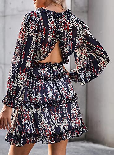 Dokotoo Women Dresses Cute Spring Boho Fall Casual Sexy Deep V Neck Ruffle Chiffon Lantern Long Sleeve Elegant Floral Printed Hawaiian Flowy Mini Short Skirt Dresses for Women Party 2022 X-Large