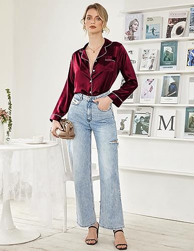 Ekouaer Women's Satin Pajama Set 2-Piece Sleepwear Loungewear Long Sleeve Button Down Pj Set(02 Black,Medium)