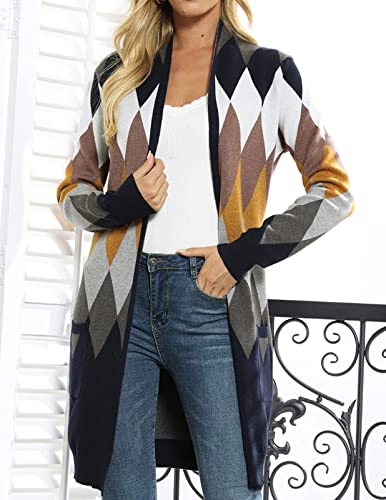 GRACE KARIN Women's Cardigan Sweater Color Block Long Sleeve Casual Long Sleeve Argyle Black S