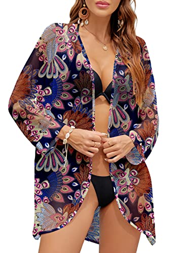 PCEAIIH Women's Floral Kimono Cardigans Chiffon Casual Loose Open Front Cover Ups Tops(Small, Black)