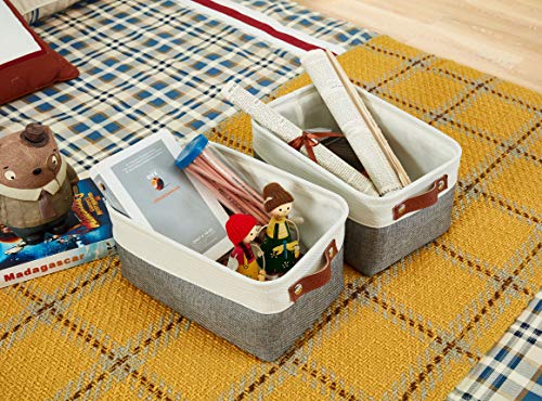 DECOMOMO Foldable Small Storage Bin | Rugged Canvas Fabric Basket Container W/ Leather Handles | Great for Organizing Closets, Offices, Nurseries and Homes (Grey and White, Small - 6 Pack)