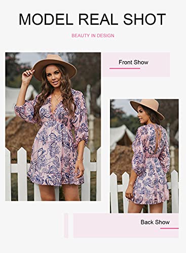 Dokotoo Women Dresses Cute Spring Boho Fall Casual Sexy Deep V Neck Ruffle Chiffon Lantern Long Sleeve Elegant Floral Printed Hawaiian Flowy Mini Short Skirt Dresses for Women Party 2022 X-Large