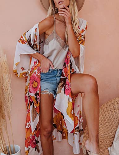 Bsubseach Loose Printed 3/4 Sleeve Kimono Cardigan