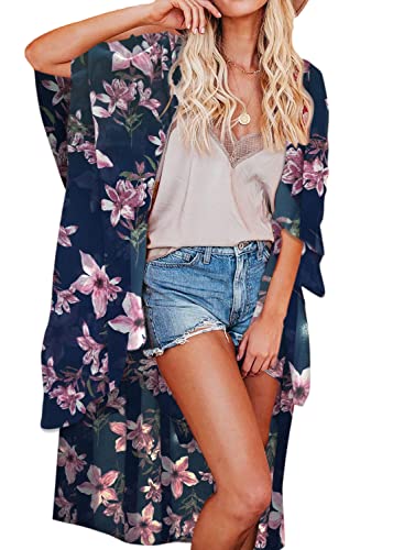 Jayscreate Women's Chiffon Kimono Cardigan Lightweight Batwing Summer Casual Sheer Swimsuit Up for Women Coverup Tops