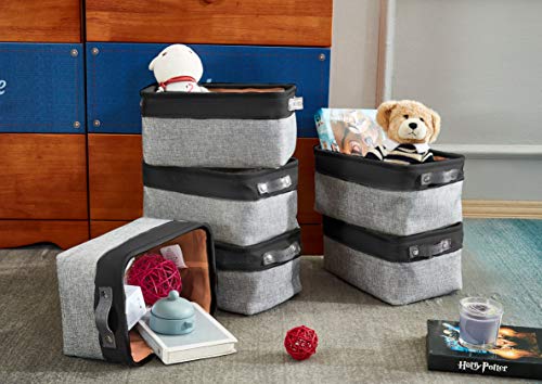 DECOMOMO Foldable Small Storage Bin | Rugged Canvas Fabric Basket Container W/ Leather Handles | Great for Organizing Closets, Offices, Nurseries and Homes (Grey and White, Small - 6 Pack)