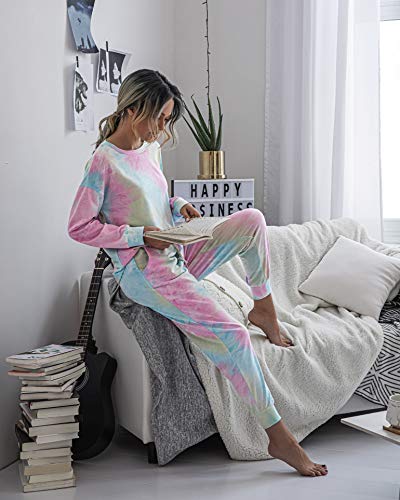 PRETTYGARDEN Women's Tie Dye Two Piece Tracksuit Set Long Sleeve Sweatshirt with Long Pants (Grey,X-Large)