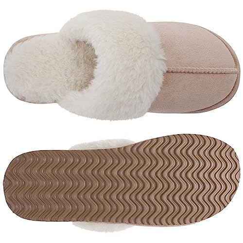 Litfun Women's Fuzzy Memory Foam Slippers Fluffy Winter House Shoes Indoor and Outdoor, Brown 7-7.5