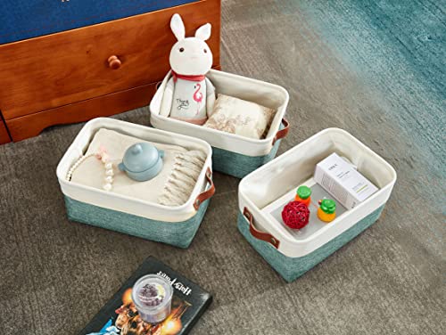 DECOMOMO Foldable Small Storage Bin | Rugged Canvas Fabric Basket Container W/ Leather Handles | Great for Organizing Closets, Offices, Nurseries and Homes (Grey and White, Small - 6 Pack)