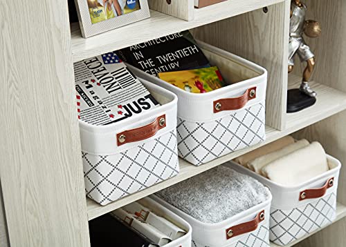 DECOMOMO Foldable Small Storage Bin | Rugged Canvas Fabric Basket Container W/ Leather Handles | Great for Organizing Closets, Offices, Nurseries and Homes (Grey and White, Small - 6 Pack)