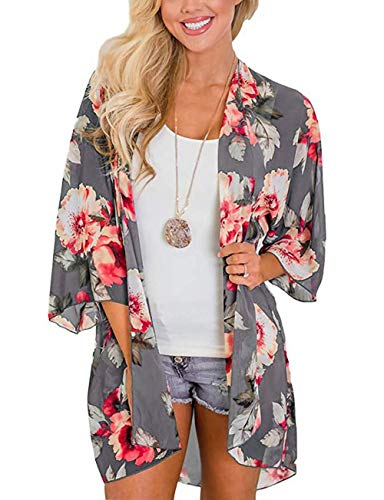 Naivikid Women's 3/4 Sleeve Floral Print Kimono Sheer Chiffon Loose Cardigan S-3XXL