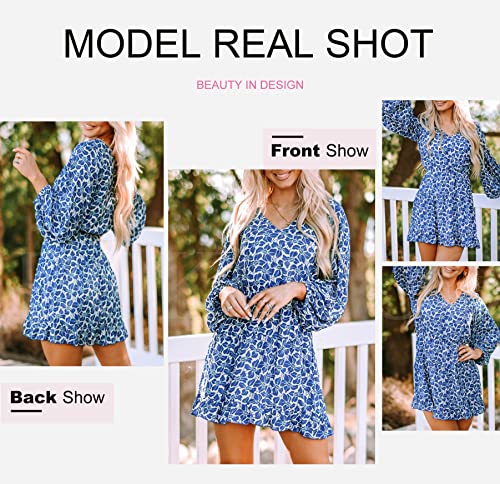 Dokotoo Women Dresses Cute Spring Boho Fall Casual Sexy Deep V Neck Ruffle Chiffon Lantern Long Sleeve Elegant Floral Printed Hawaiian Flowy Mini Short Skirt Dresses for Women Party 2022 X-Large