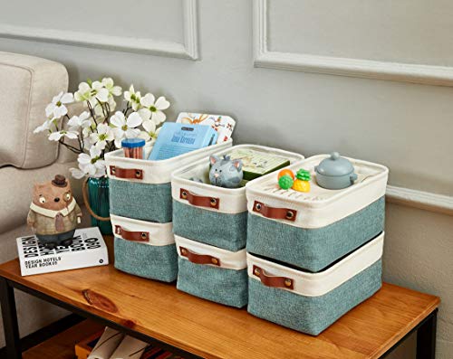 DECOMOMO Foldable Small Storage Bin | Rugged Canvas Fabric Basket Container W/ Leather Handles | Great for Organizing Closets, Offices, Nurseries and Homes (Grey and White, Small - 6 Pack)