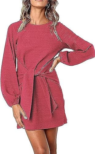 PRETTYGARDEN Women’s Elegant Long Lantern Sleeve Short Dress Crewneck Tie Waist Knit Cocktail Dress Dark Green