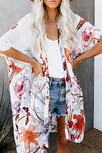 Bsubseach Loose Printed 3/4 Sleeve Kimono Cardigan