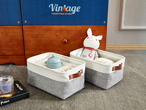 DECOMOMO Foldable Small Storage Bin | Rugged Canvas Fabric Basket Container W/ Leather Handles | Great for Organizing Closets, Offices, Nurseries and Homes (Grey and White, Small - 6 Pack)