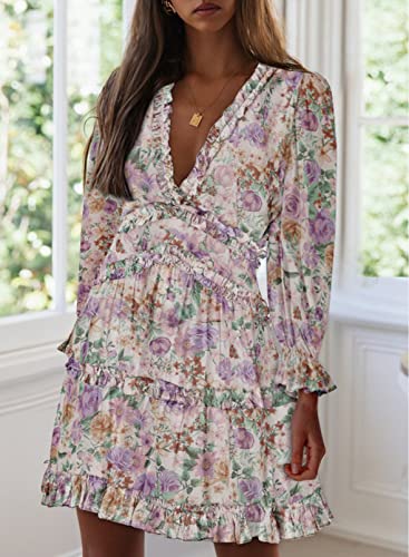 Dokotoo Women Dresses Cute Spring Boho Fall Casual Sexy Deep V Neck Ruffle Chiffon Lantern Long Sleeve Elegant Floral Printed Hawaiian Flowy Mini Short Skirt Dresses for Women Party 2022 X-Large