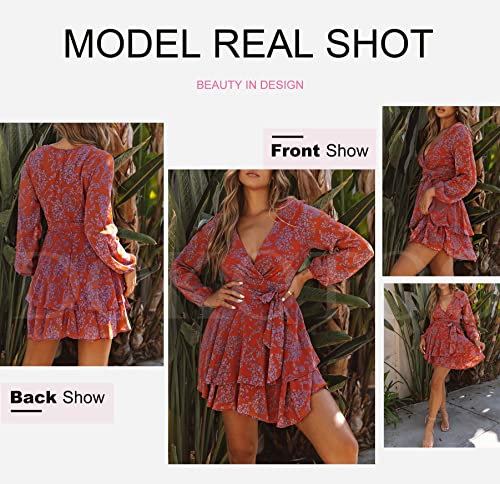 Dokotoo Women Dresses Cute Spring Boho Fall Casual Sexy Deep V Neck Ruffle Chiffon Lantern Long Sleeve Elegant Floral Printed Hawaiian Flowy Mini Short Skirt Dresses for Women Party 2022 X-Large