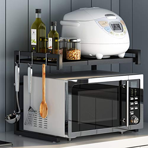 PUSDON Extendable Microwave Oven Rack, Adjustable Microwave/Toaster Shelf Heavy Duty Stand Kitchen Counter Top Organizer(L15.7~23.6" xW12.6 xH18.9), 2-Tier with 3 Hooks, 160lbs Weight Capacity, White