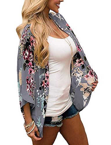 Naivikid Womens Floral Print Loose Puff Sleeve Kimono Cardigan Lace Patchwork Cover Up Blouse Lotus Root Gray 01 L