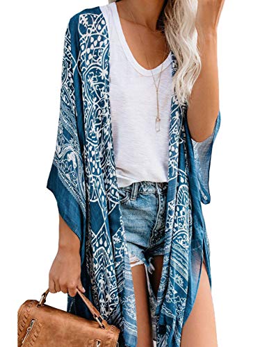Bsubseach Loose Printed 3/4 Sleeve Kimono Cardigan