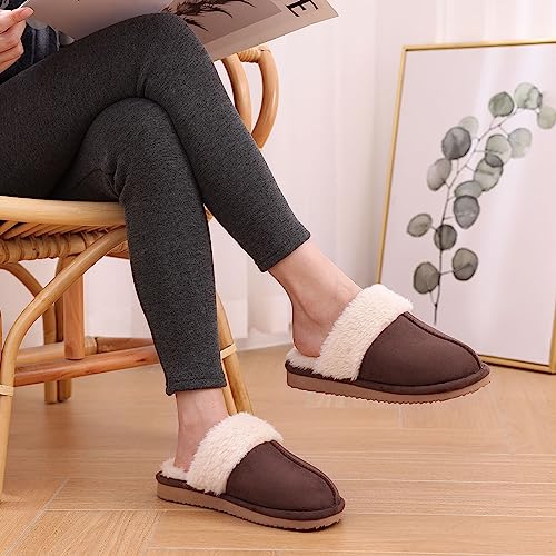 Litfun Women's Fuzzy Memory Foam Slippers Fluffy Winter House Shoes Indoor and Outdoor, Brown 7-7.5