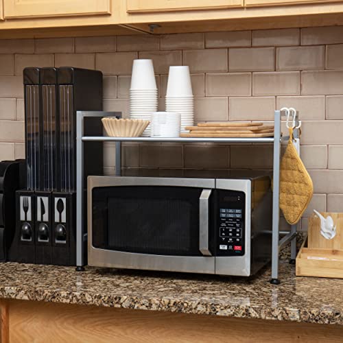 Mind Reader Elevate Collection, Microwave Oven Rack, Utility Shelf for Utensils, Cook Books, Towels, Pot Holders and Accessories, 2 Hooks, Metal, Black