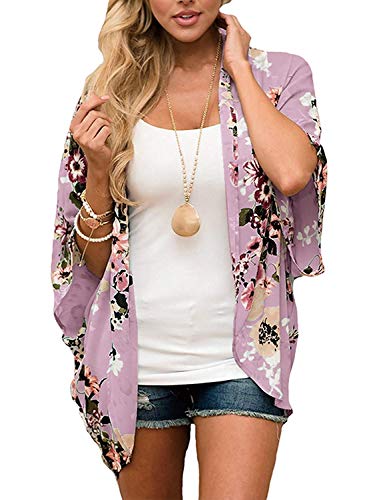 Naivikid Womens Floral Print Loose Puff Sleeve Kimono Cardigan Lace Patchwork Cover Up Blouse Lotus Root Gray 01 L