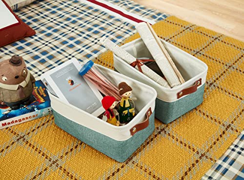 DECOMOMO Foldable Small Storage Bin | Rugged Canvas Fabric Basket Container W/ Leather Handles | Great for Organizing Closets, Offices, Nurseries and Homes (Grey and White, Small - 6 Pack)