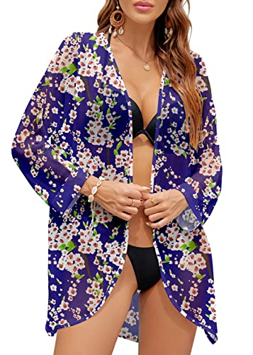 PCEAIIH Women's Floral Kimono Cardigans Chiffon Casual Loose Open Front Cover Ups Tops(Small, Black)