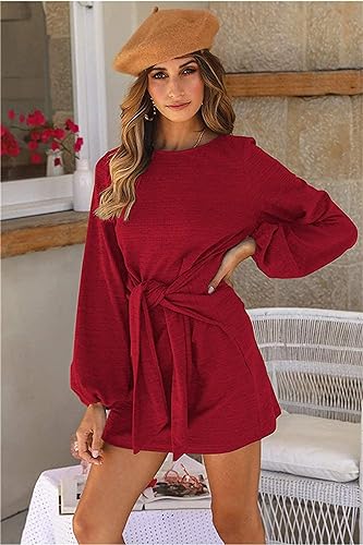 PRETTYGARDEN Women’s Elegant Long Lantern Sleeve Short Dress Crewneck Tie Waist Knit Cocktail Dress Dark Green