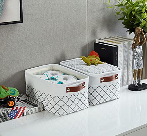 DECOMOMO Foldable Small Storage Bin | Rugged Canvas Fabric Basket Container W/ Leather Handles | Great for Organizing Closets, Offices, Nurseries and Homes (Grey and White, Small - 6 Pack)