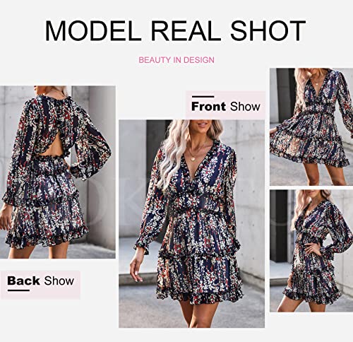 Dokotoo Women Dresses Cute Spring Boho Fall Casual Sexy Deep V Neck Ruffle Chiffon Lantern Long Sleeve Elegant Floral Printed Hawaiian Flowy Mini Short Skirt Dresses for Women Party 2022 X-Large